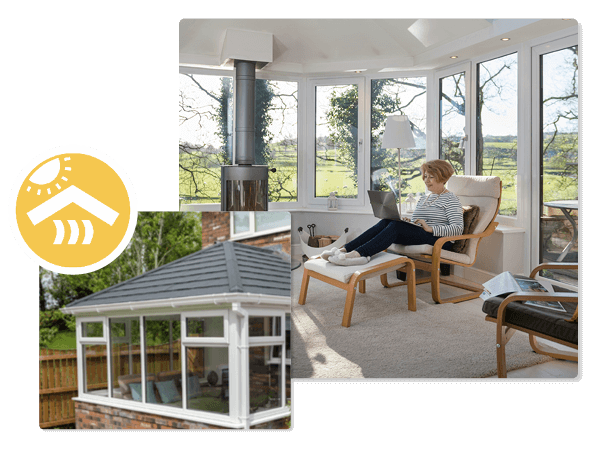 A Woman Sitting Inside A Tiled Roof Conservatory