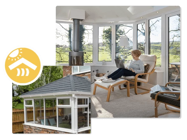 A Woman Sitting Inside A Tiled Roof Conservatory