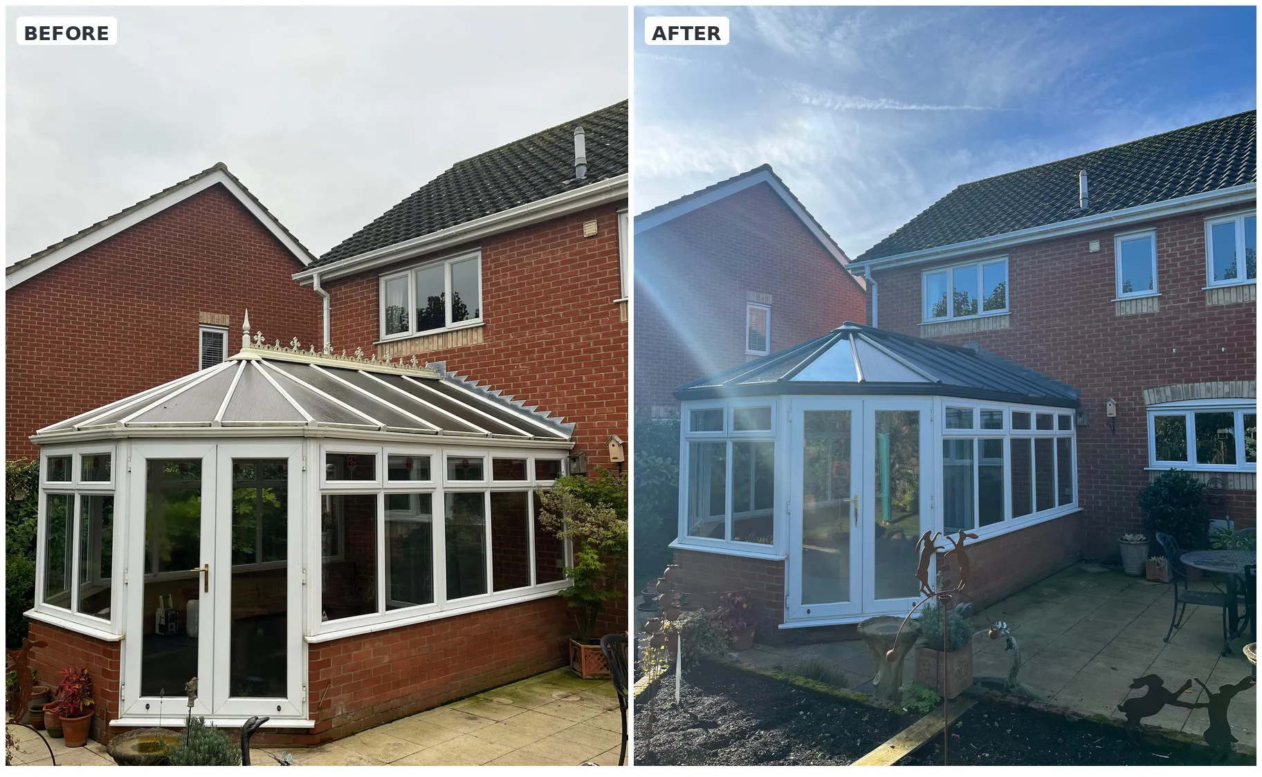 Before and after mosaic: polycarbonate to glass conservatory roof upgrade, Dereham NR20