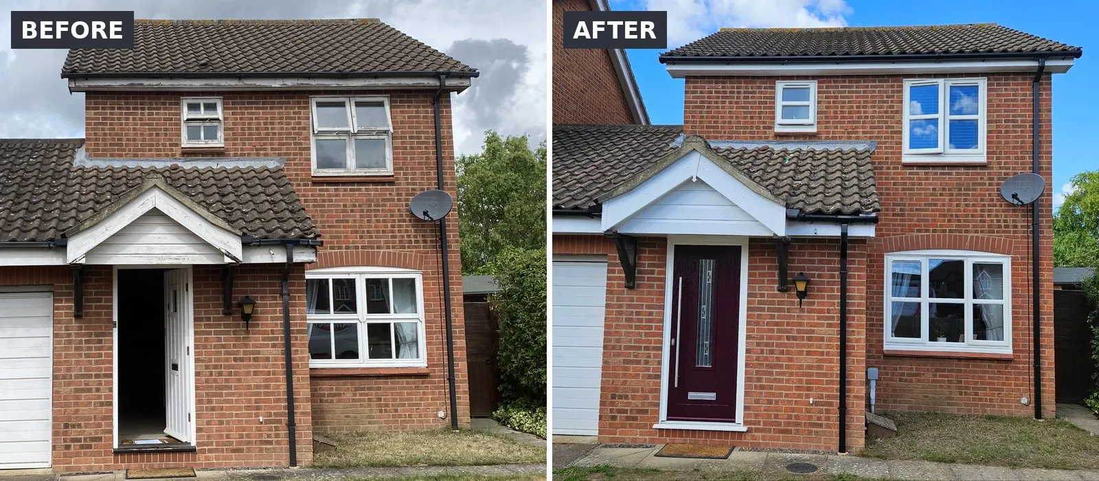 Before and after of a brick house in Drayton NR8: old barred windows, front door and weathered roofline replaced with white uPVC windows, a deep red composite door and new roofline