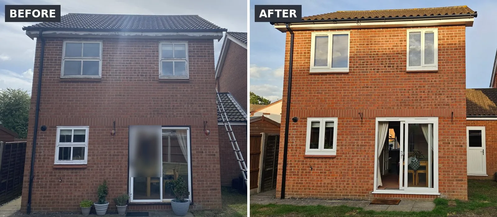 Before and after of the rear of a brick house in Drayton NR8: old timber windows and patio door replaced with white uPVC windows, a sliding patio door and new roofline