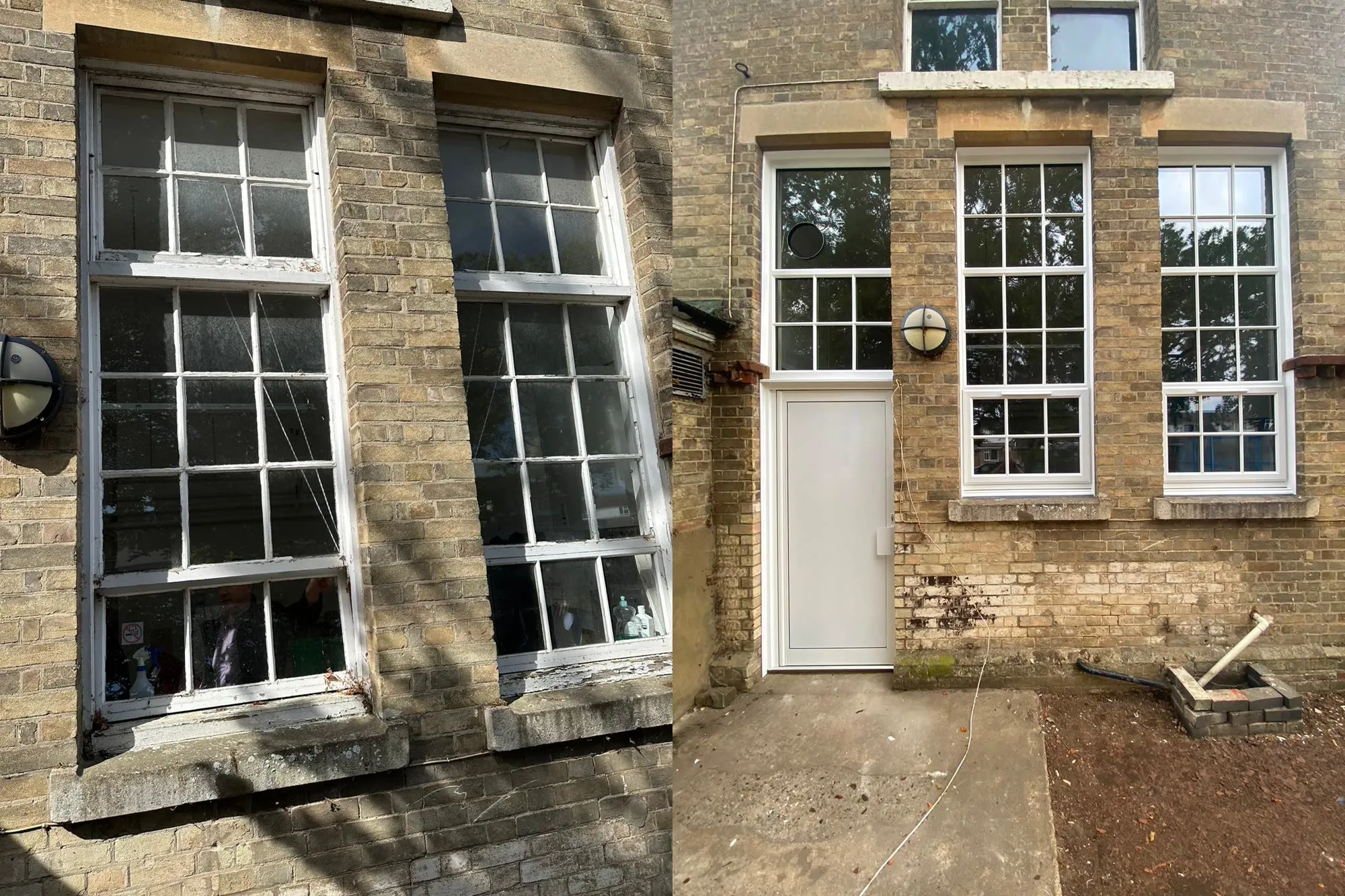 Kitchen windows at Horsford CofE VA Primary School before and after replacement with tall white uPVC windows