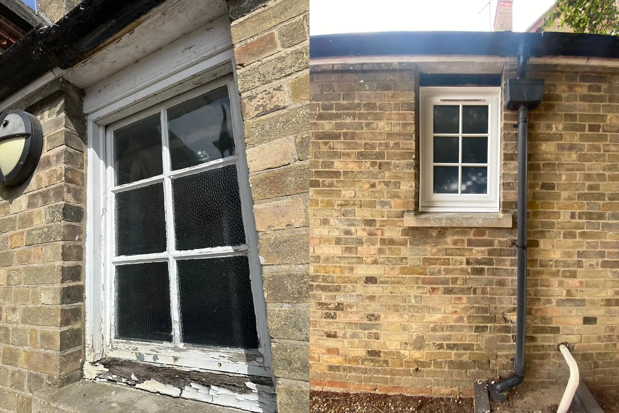 Toilet block window at Horsford CofE VA Primary School before and after replacement with white uPVC and black roofline
