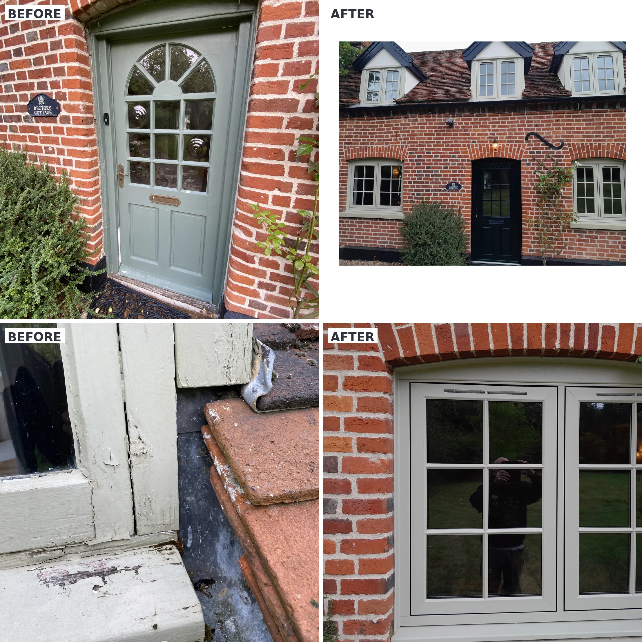 Before and after mosaic of olive grey timber-look PVC flush casement windows with Georgian bars and black composite front door at Old Rectory Cottage Langham IP31