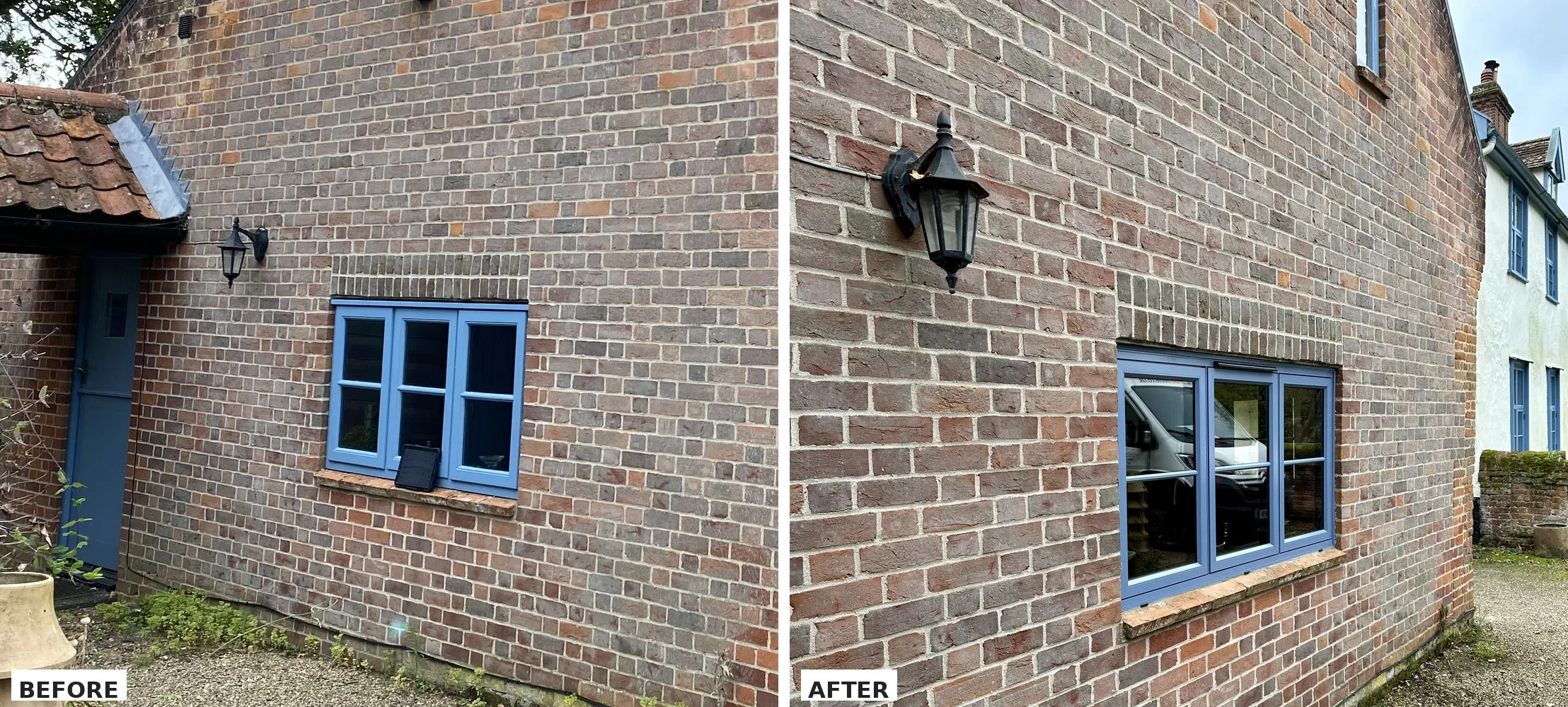 Before and after: timber flush versus duck egg blue aluminium flush casements at The Old Hall, Mulbarton NR14