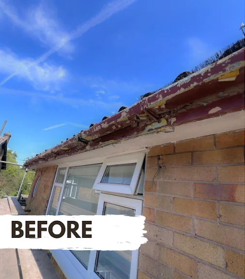 Before uPVC roofline replacement in Norwich — white fascias and red soffits and guttering