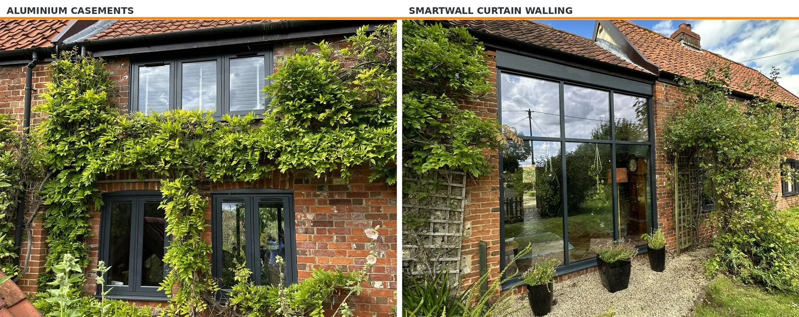Anthracite French flush casements and aluminium glazed facade on a brick and flint farmhouse, Welborne NR20