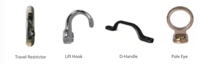 Sliding sash window accessories: travel restrictor, lift hook, D-handle and pole eye