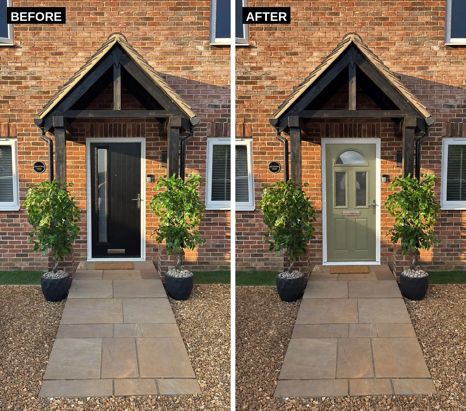 Before and after sage-green composite front door replacement, Shropham NR17
