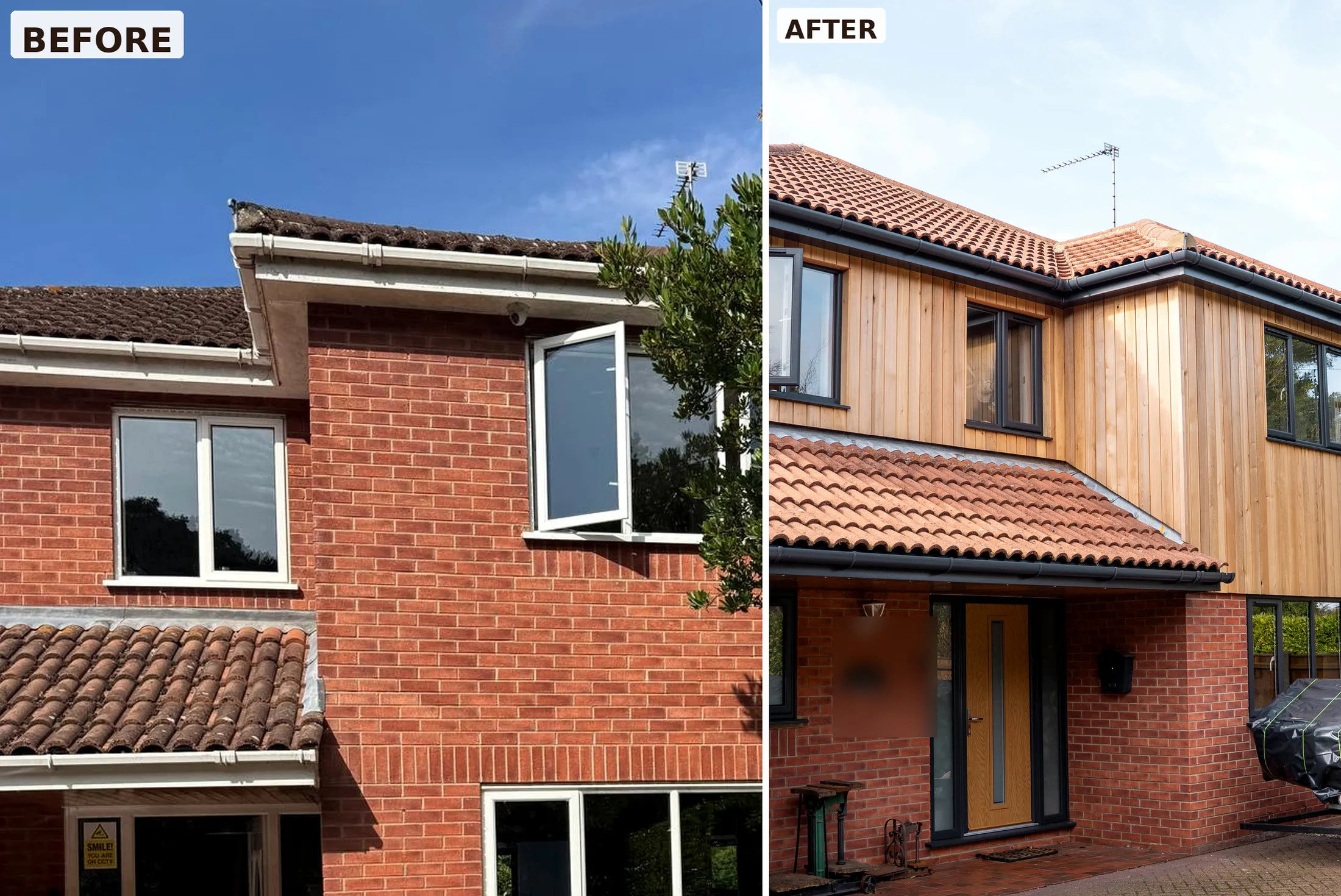 Before and after vertical red cedar cladding, St Olaves NR31