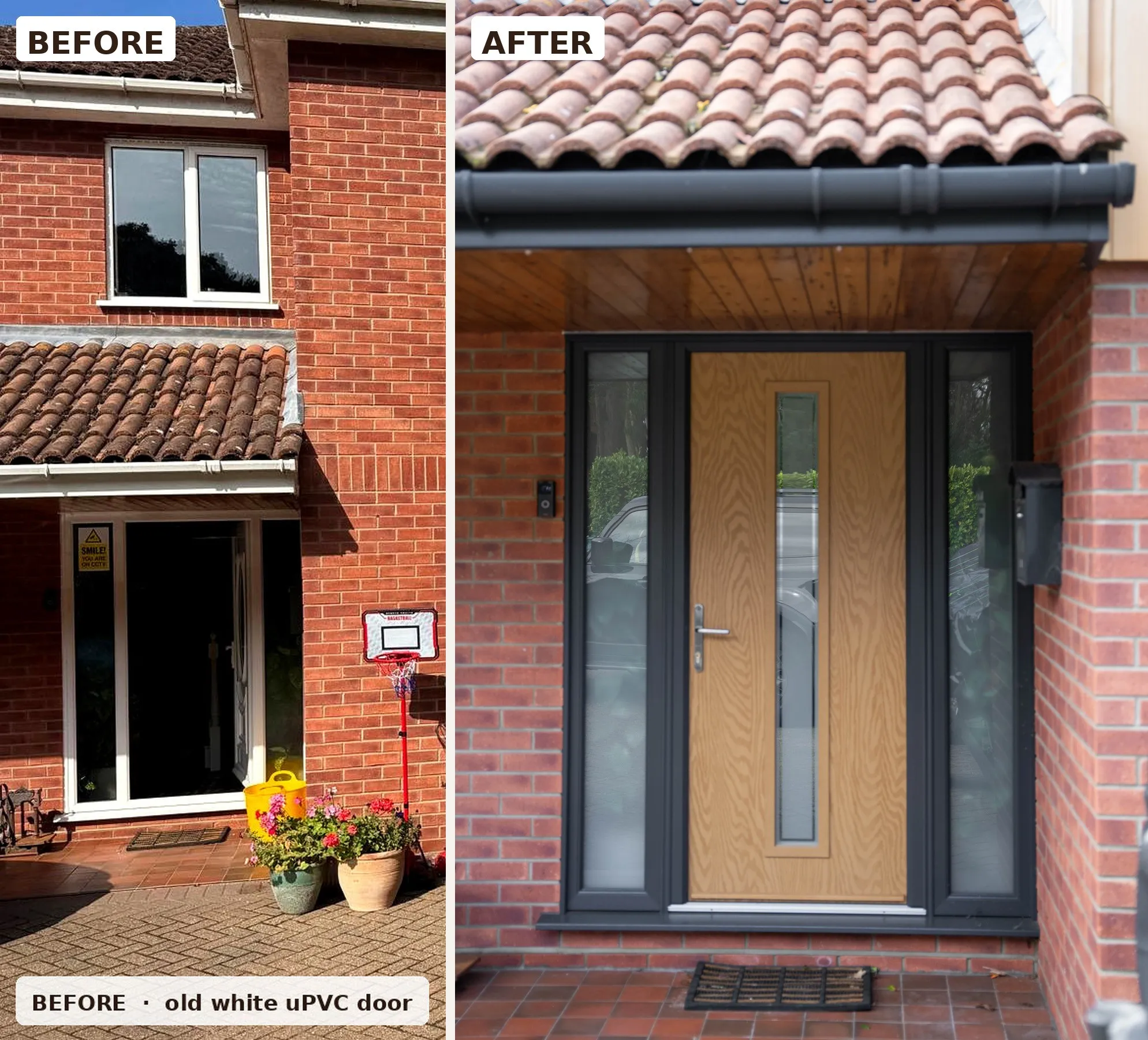 Before and after: oak composite front door replacement in St Olaves NR31