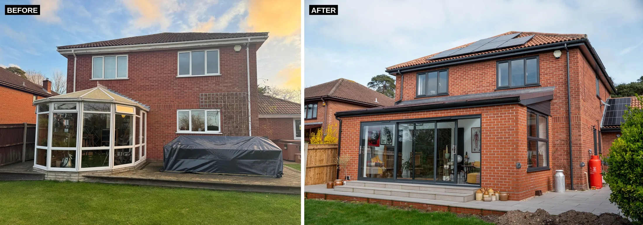 Before and after: glass conservatory replaced with a brick rear extension, St Olaves NR31