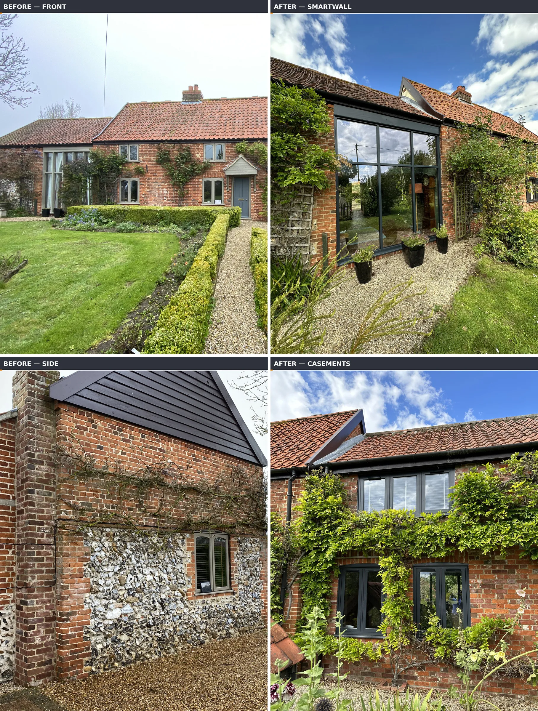 Before and after mosaic: sage-green casements and older glazed bay to anthracite flush casements and aluminium SmartWall, Welborne NR20