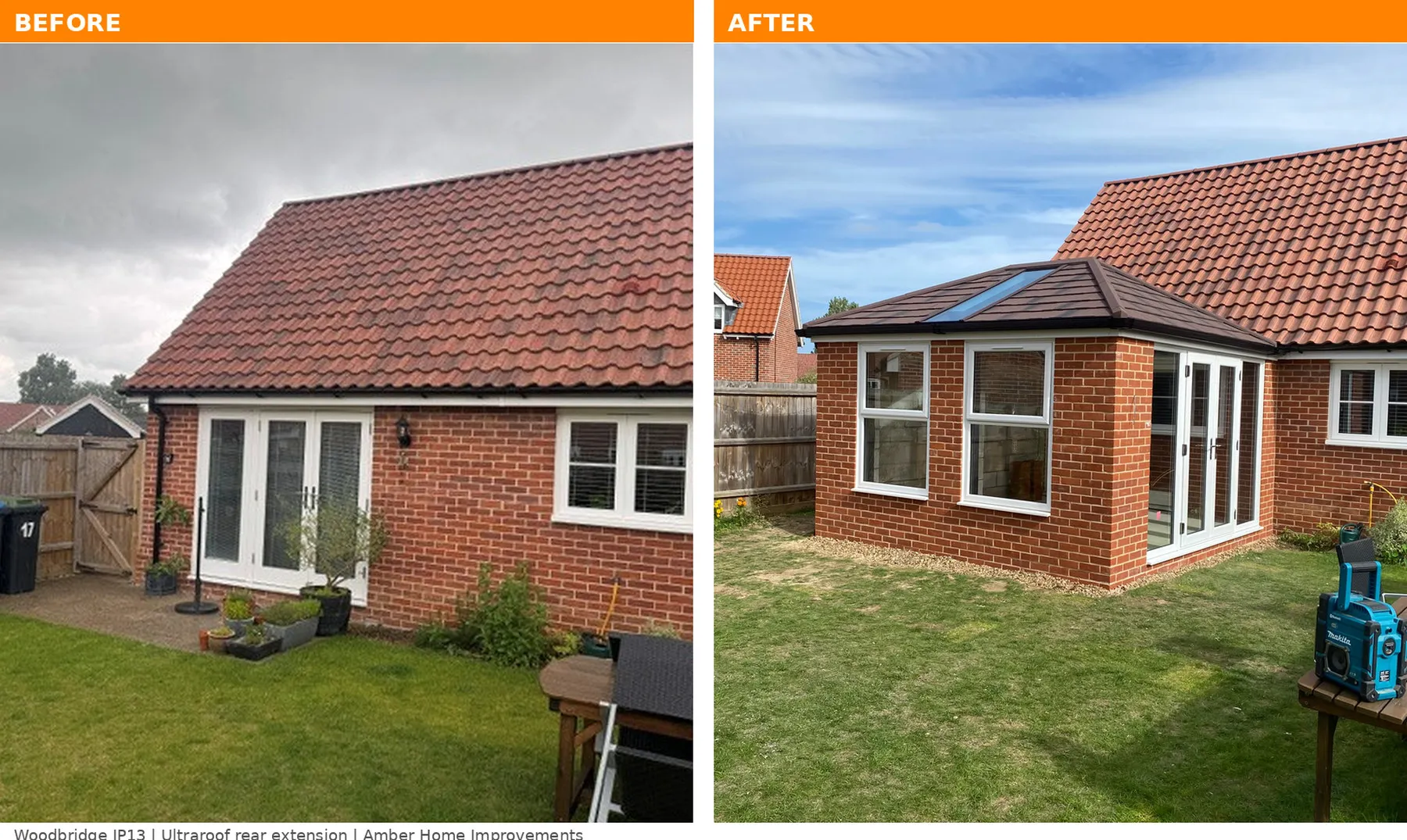Before and after: Ultraroof solid tiled rear extension with roof light and white French doors, Woodbridge IP13