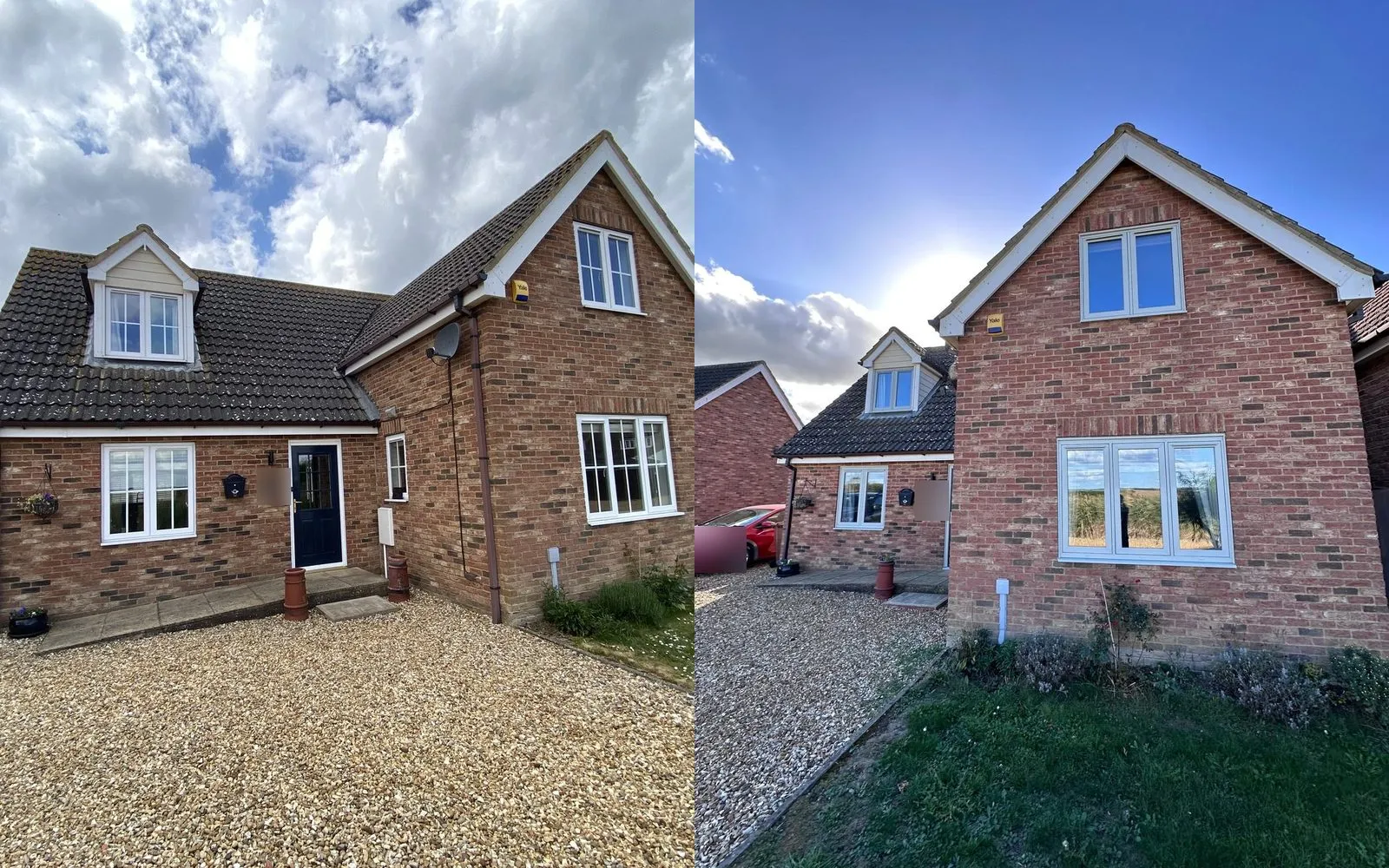 Before and after of a brick chalet home in the Downham Market area, white windows replaced with agate grey flush casement windows